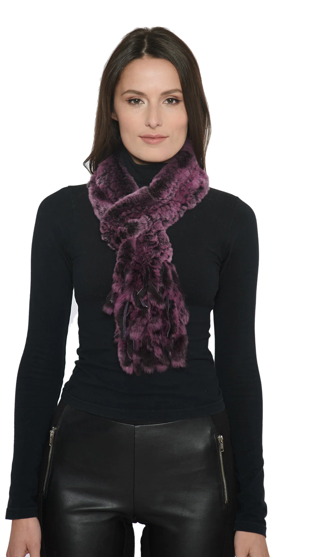 Fur Scarf - Knitted Rex rabbit loop scarf w/ fringes on one end